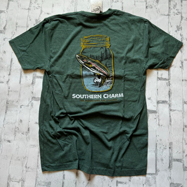 Southern Charm “Trout Jar” Short Sleeve T-shirt - Hunter Green - Southern Charm "Shop The Charm"