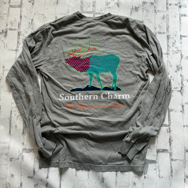 Southern Charm “Pattern Elk" Long Sleeve T-shirt - Grey