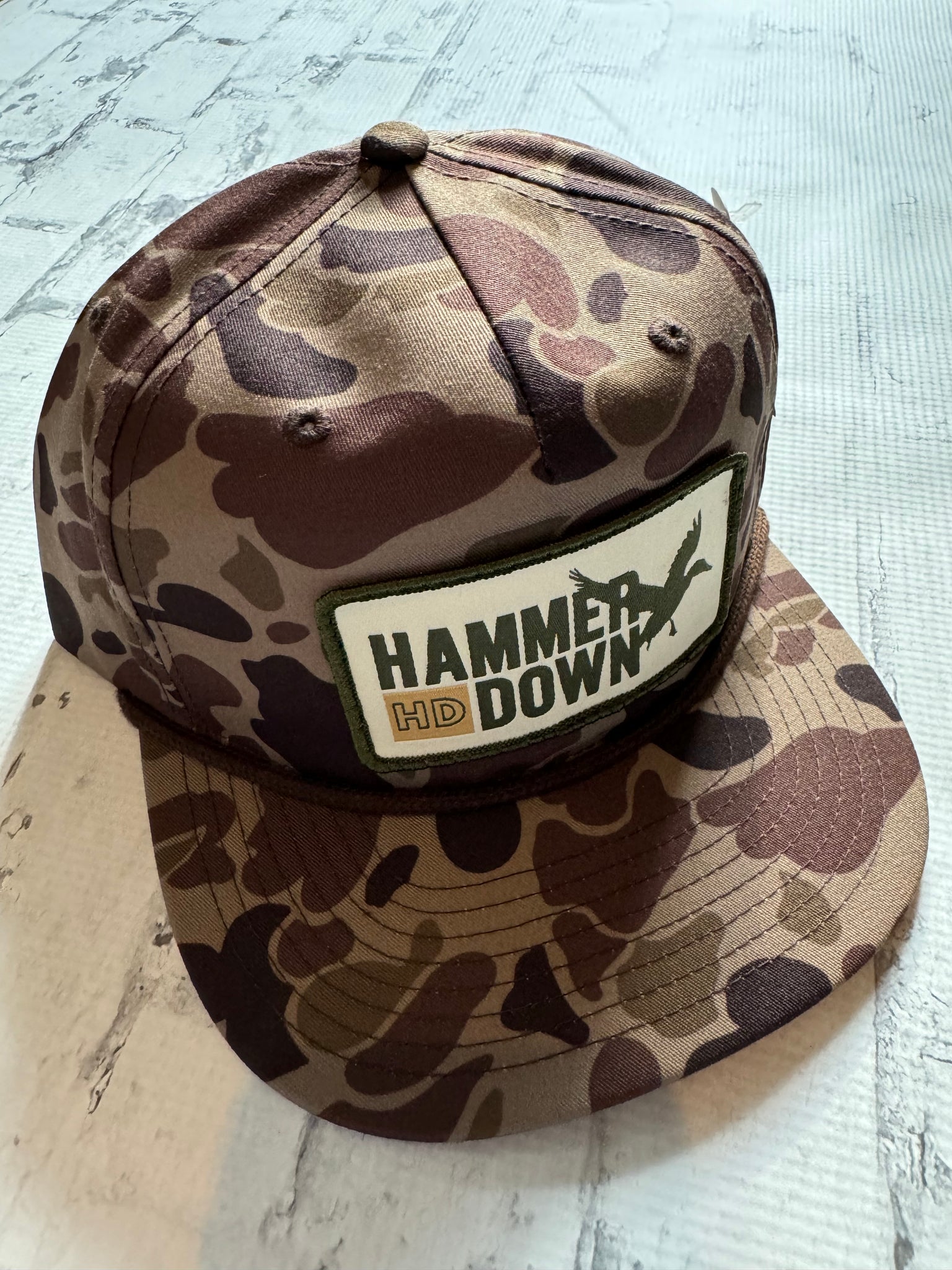 Hammer Down “Duck" Hat - Bark Camo with Brown Rope